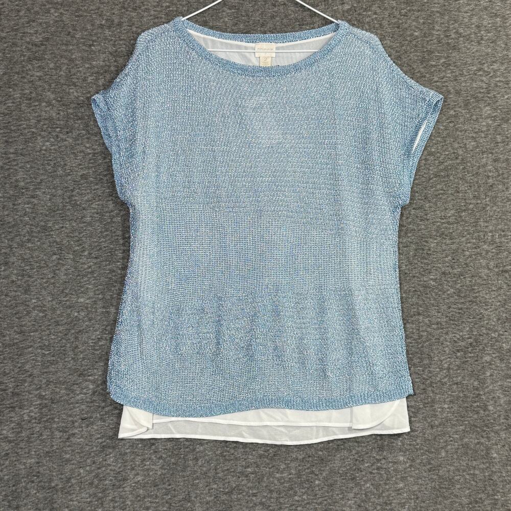 CHICO’s 2 Chainmail Knit Metallic Blue Sweater Shirt Top with Sheer lining  NEW